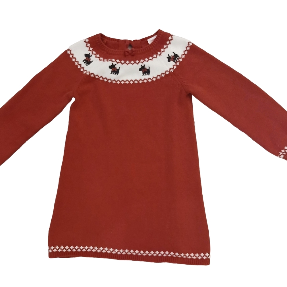Kids Red Long Sleeve Sweater Dress With Scottie Dog Pattern